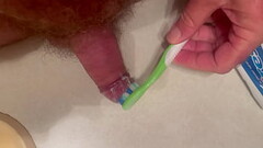 Brushing my teeth using my dick Thumb