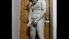 Zentai uncut pee drink coffee with biscuits and cum Thumb