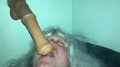 Mature Tranny Playing with Horse Dildo Thumb