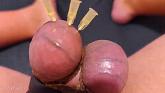 Testicle Skewering CBT, Edging &amp_ Cumshot with 3 Precum &amp_ Stretched Balls Thumb